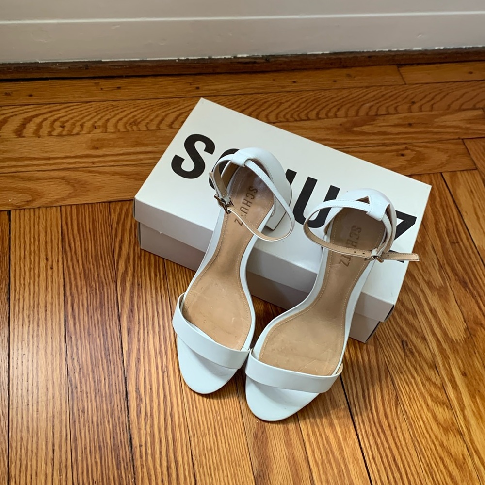 *Schutz white leather ankle strap sandal with block heel (Size 9)*